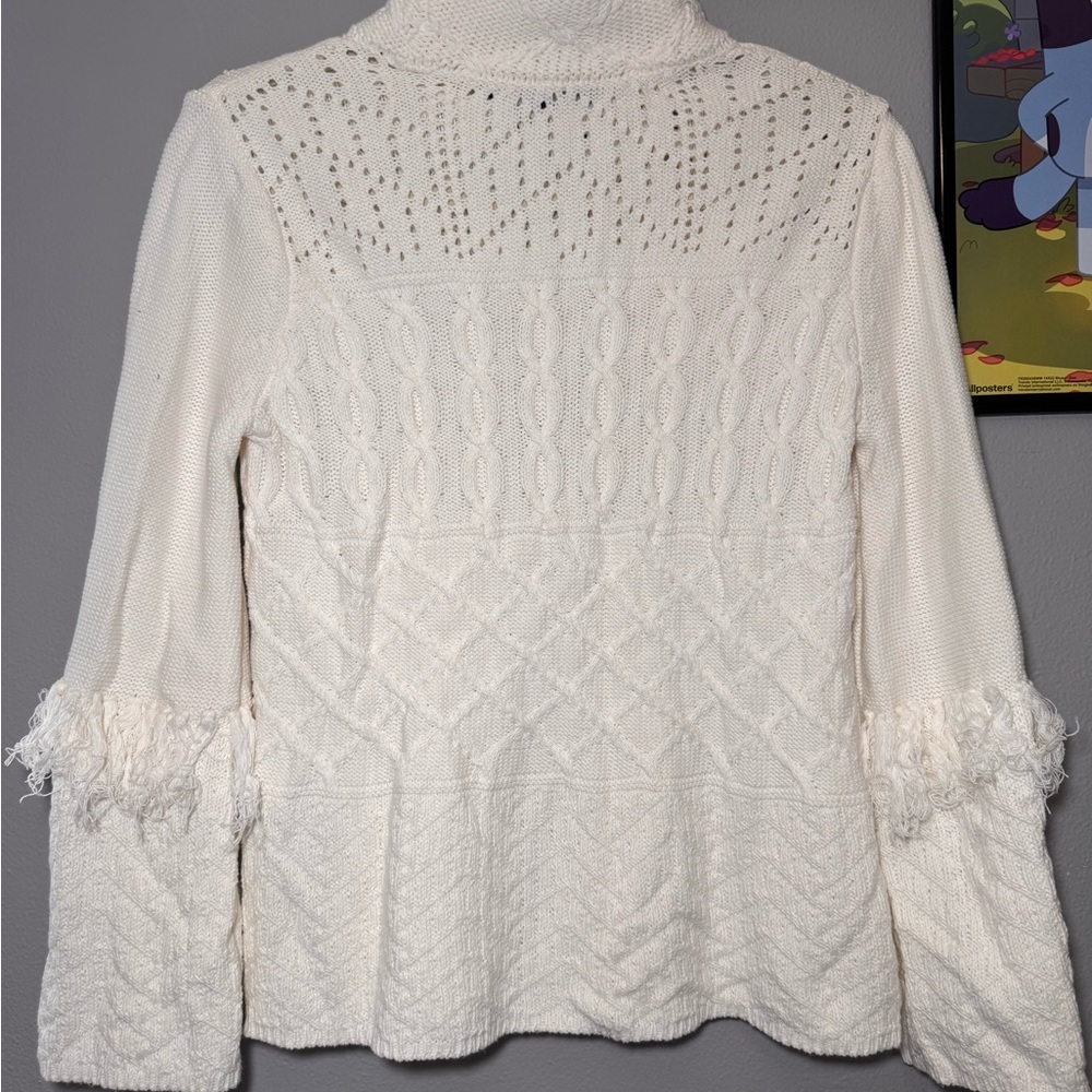 WHBM Cable Knit Sweater Mock Neck Embellished Fringe bell sleeve Ivory Small - Picture 4 of 10
